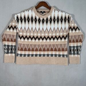 Frye Sweater Womens Small Tan Black White Geometric Fair Isle Crew Neck Knit